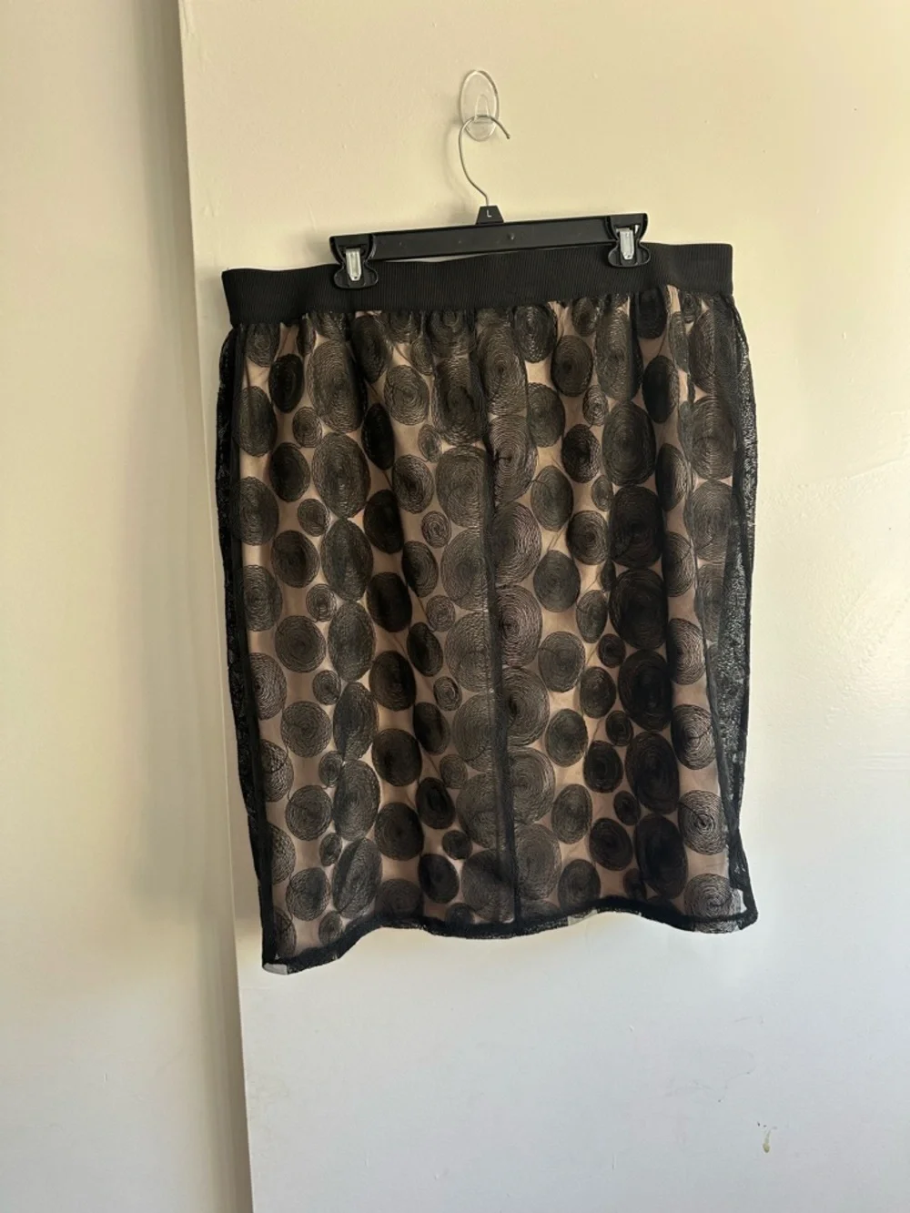 Lane Bryant Black Sheer Polka-Dot Overlay Midi Skirt with Nude Lining